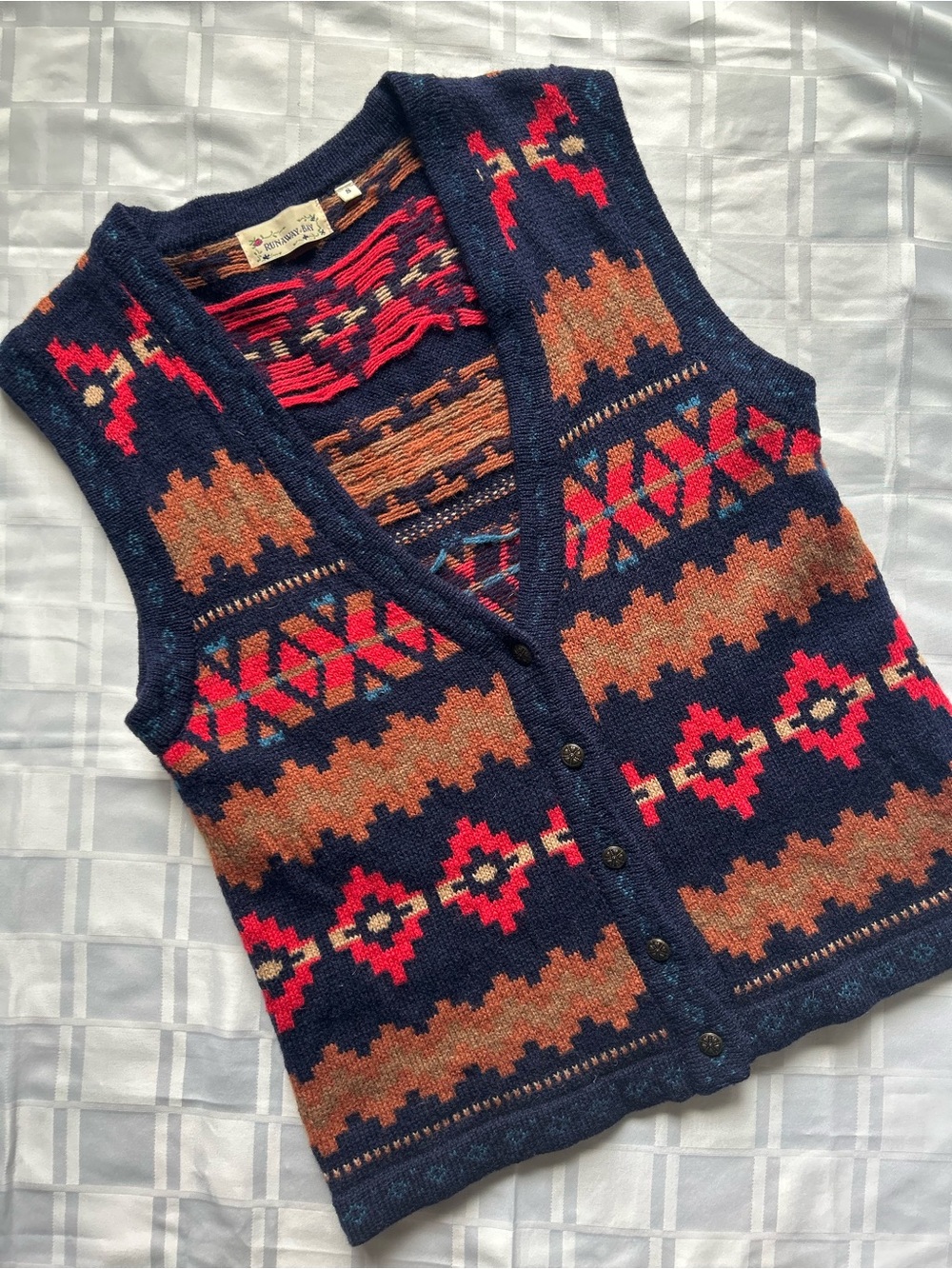 Runaway Bay Vintage Navy Trim Aztec Print Wool Knit Button-Front Sweater Vest